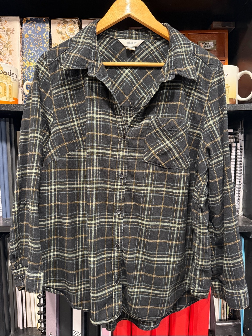 CJ Banks Black Plaid Button-Down Shirt with Cream and Tan Lines